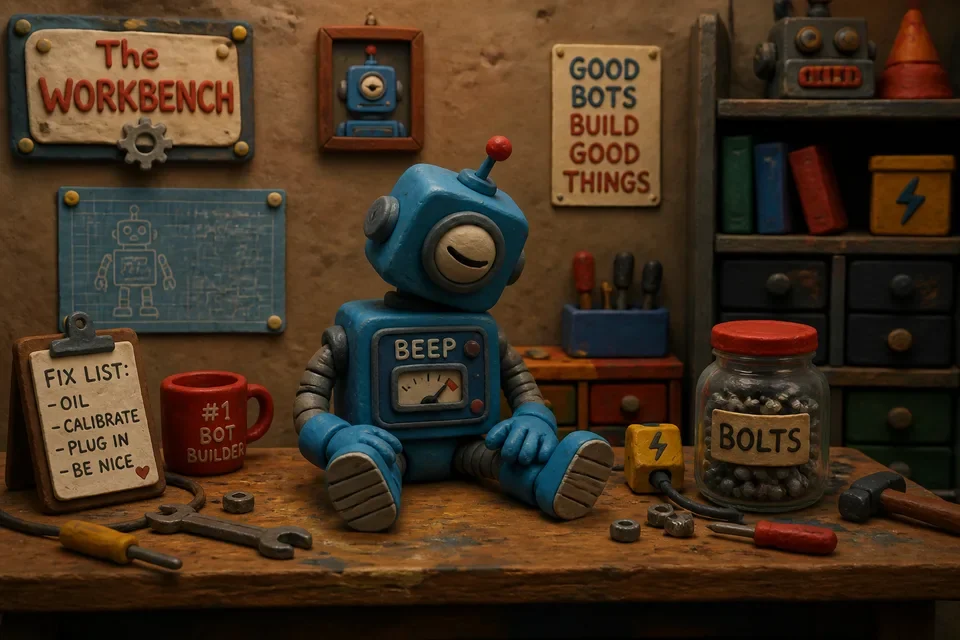 A clay robot sitting at a workbench.