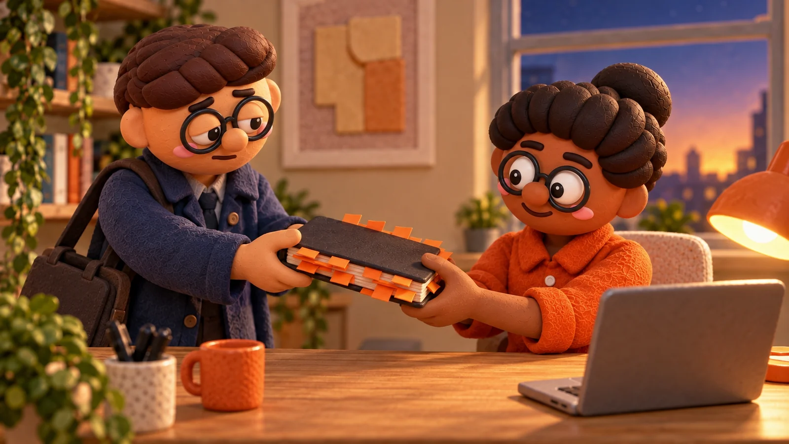 A clay night-shift worker, coat on and bag over the shoulder, hands a thick notebook full of orange tabs to the morning colleague sitting down at the same desk.