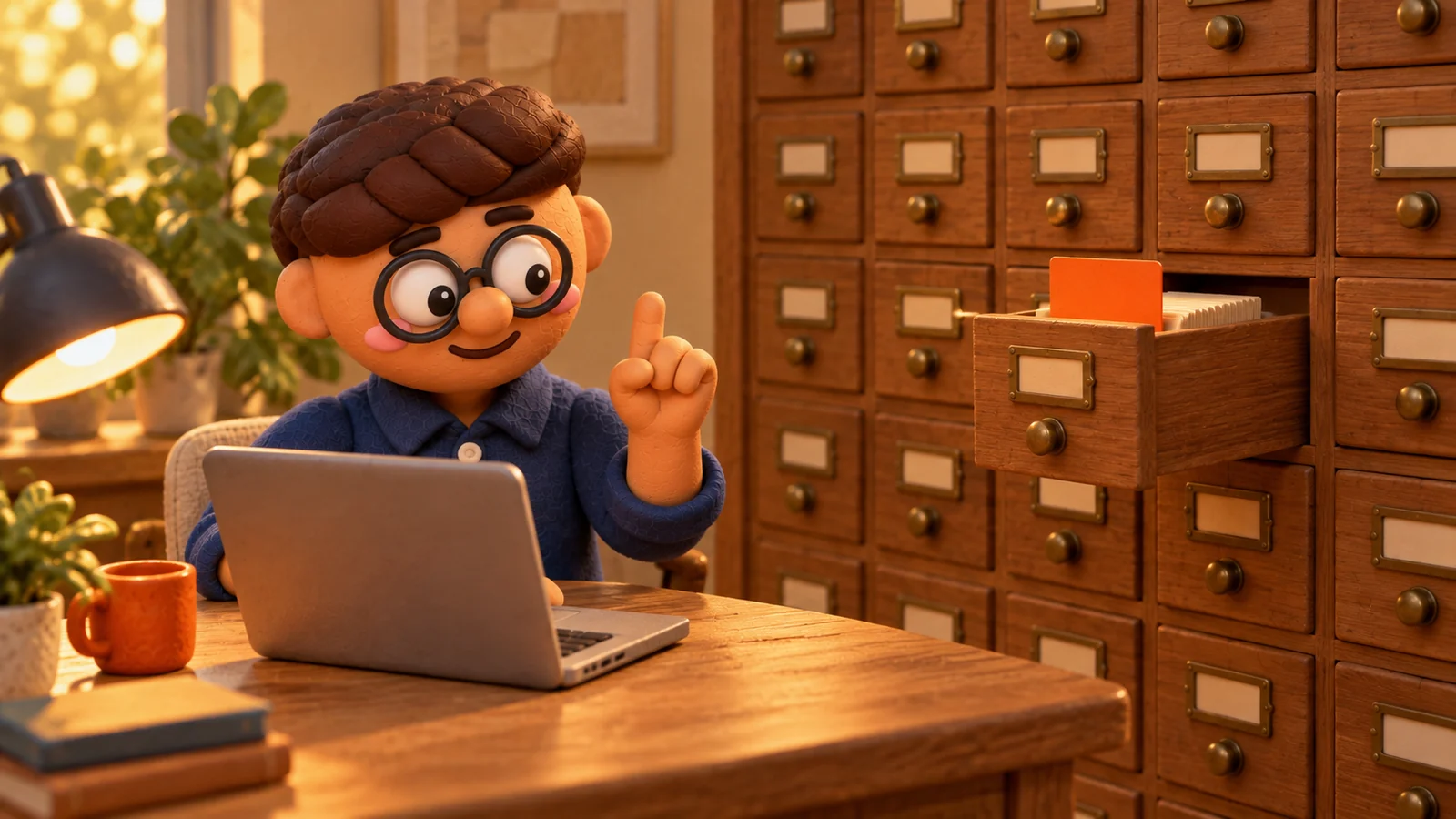 A clay office worker raises a finger to ask a question while, behind him, one drawer of a tall wooden card catalog slides open on its own, holding a single orange card.