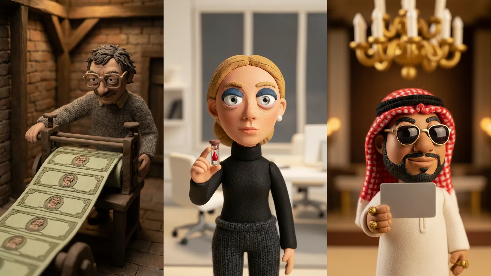 Six clay figures from Sweat AI's fraud films: Mavrodi at a printing press, Holmes with a vial of blood, a fake Saudi prince, Ponzi, Mehta beside a bull, and a desert railroad.