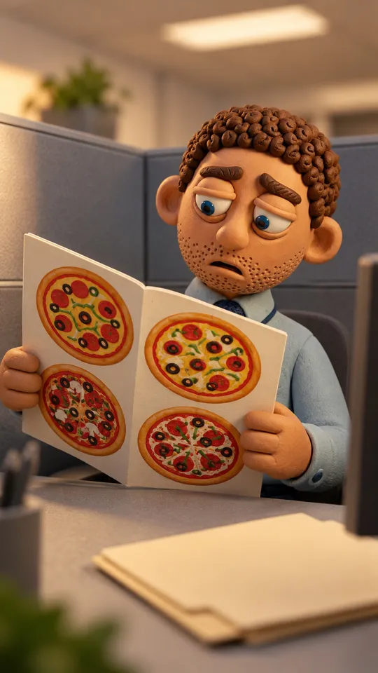 Clay office worker Sam reading a pizza menu
