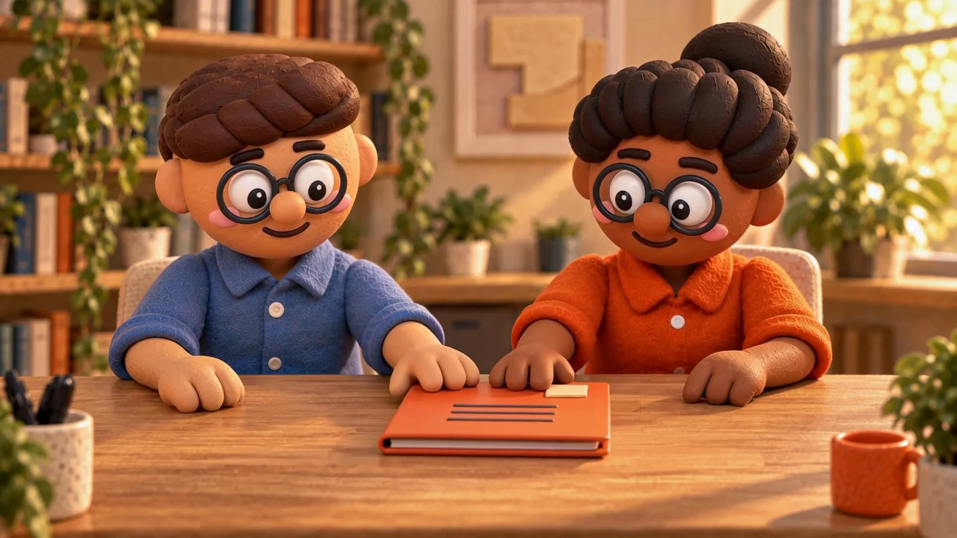 An orange-shirted clay analyst delivers a completed review to a blue-shirted customer.