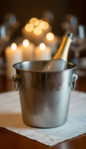 Opening source frame: champagne bottle and bucket, with no incoming wooden puppets visible.