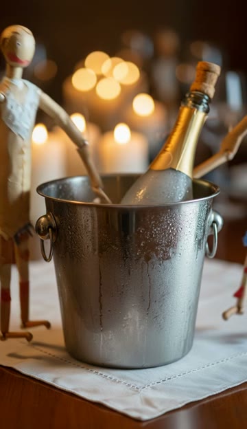 Source frame 15: wooden puppet figures enter beside the champagne bucket.
