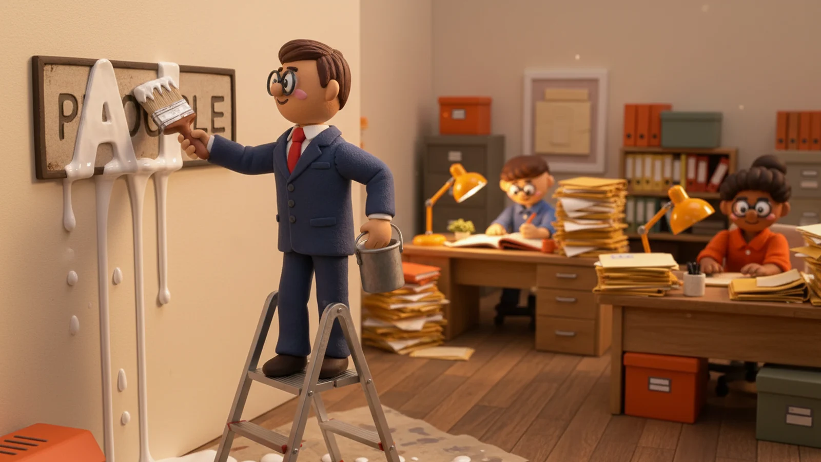 A clay consultant on a stepladder paints AI over an office sign that said People, while two clay analysts keep working through piles of files behind him.