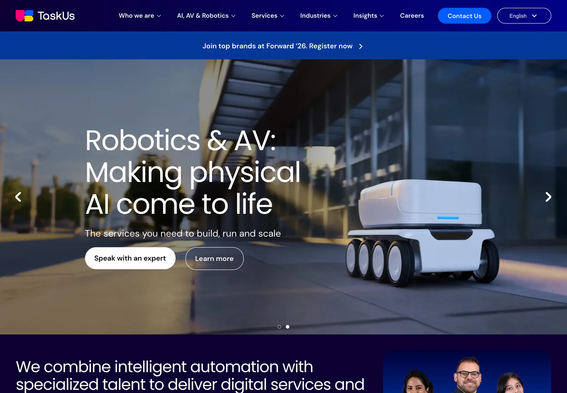 TaskUs's homepage in September 2026: a delivery robot under the headline 'Robotics & AV: Making physical AI come to life.'