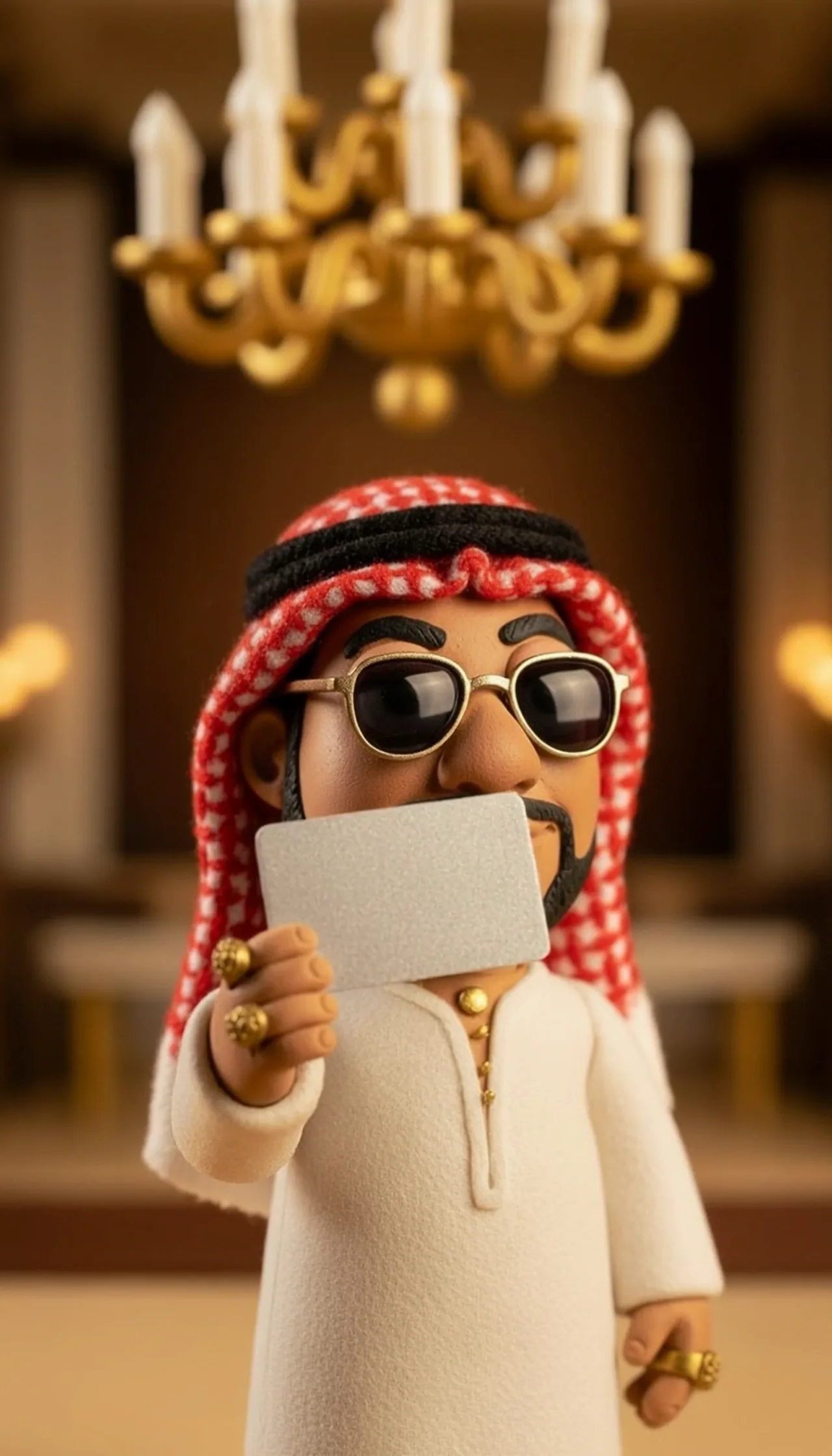 Clay fake Saudi prince in sunglasses under a chandelier